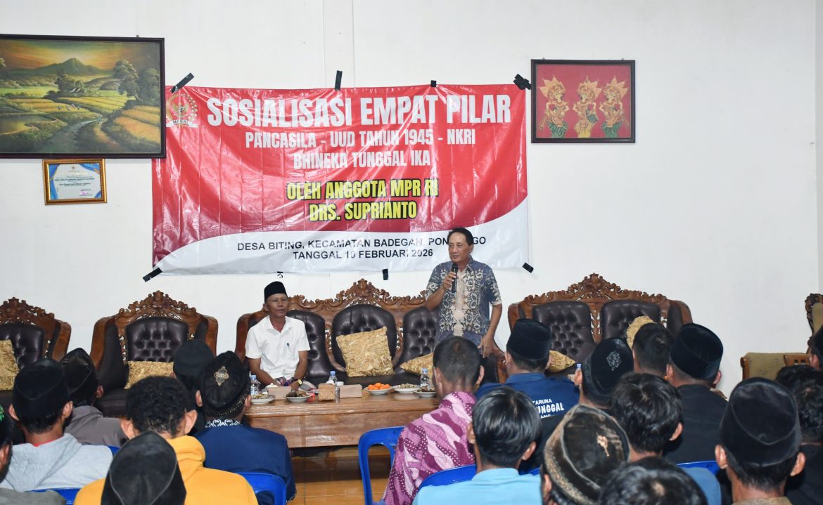 Anggota MPR/DPR RI Fraksi Partai Gerindra, Supriyanto, saat menggelar Sosialisasi Empat Pilar MPR RI di Desa Biting, Kecamatan Badegan, Kabupaten Ponorogo, Jawa Timur, Selasa (10/2/2026).